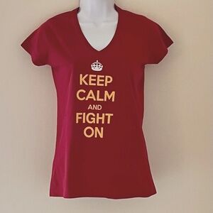"Keep Calm and Fight On" t-shirt, dark red, size small.